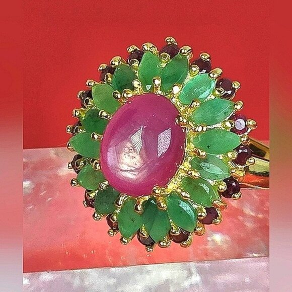 925 Sterling Silver Ring SZ 8.25 with Natural Ruby, Emerald & Garnet Gemstones - Picture 1 of 8